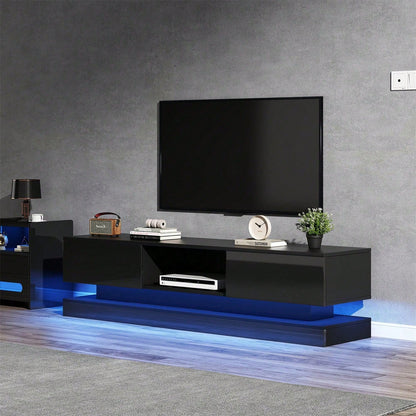 160*35*40,5 cm Schwarzer Hochglanz-TV-Ständer mit LED-Beleuchtung, 2 Schubladen, Anwendungssteuerung, Anti-Kipp-Design, geeignet für 60-Zoll-Fernseher, TV-Schränke, TV-lowboard