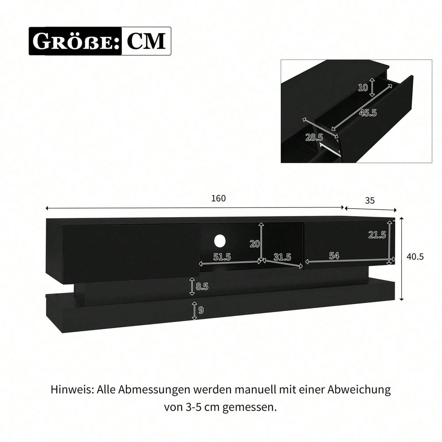 160*35*40,5 cm Schwarzer Hochglanz-TV-Ständer mit LED-Beleuchtung, 2 Schubladen, Anwendungssteuerung, Anti-Kipp-Design, geeignet für 60-Zoll-Fernseher, TV-Schränke, TV-lowboard