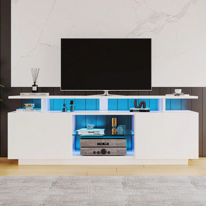 Moderner weißer TV-Schrank mit 16-farbiger LED-Beleuchtung, 1,4 m lang - Stilvoller Aufbewahrungsschrank für 60-Zoll-TV, 16-farbige Lichtleiste, hochglänzende Türblätter mit Glasfächern