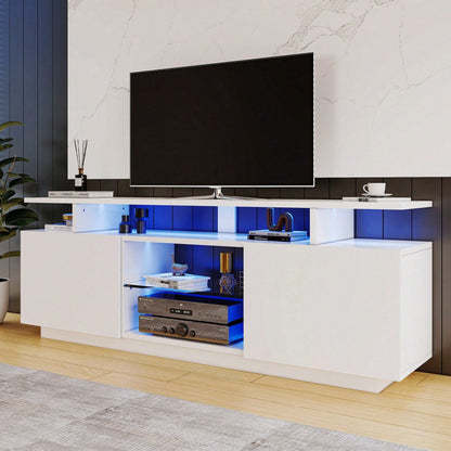 Moderner weißer TV-Schrank mit 16-farbiger LED-Beleuchtung, 1,4 m lang - Stilvoller Aufbewahrungsschrank für 60-Zoll-TV, 16-farbige Lichtleiste, hochglänzende Türblätter mit Glasfächern