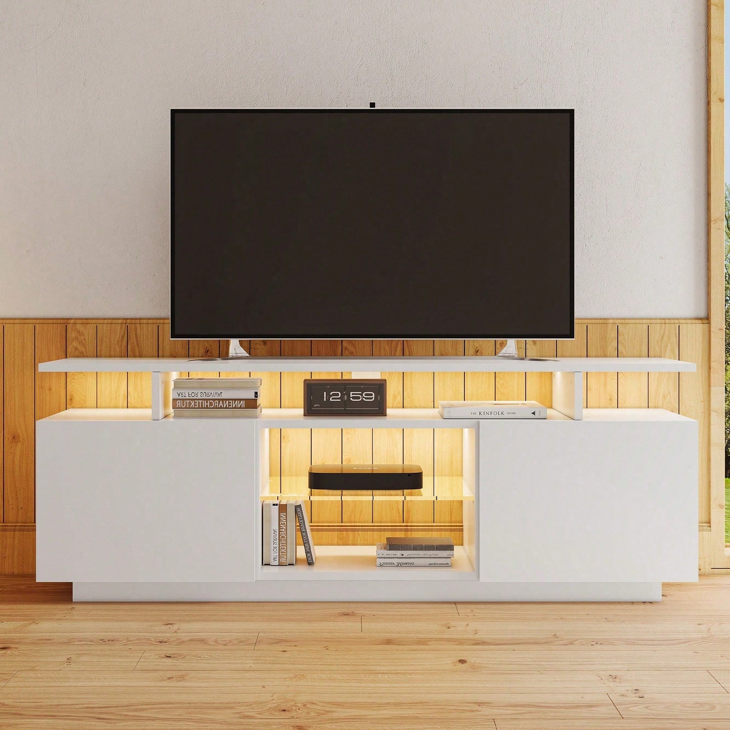 Moderner weißer TV-Schrank mit 16-farbiger LED-Beleuchtung, 1,4 m lang - Stilvoller Aufbewahrungsschrank für 60-Zoll-TV, 16-farbige Lichtleiste, hochglänzende Türblätter mit Glasfächern