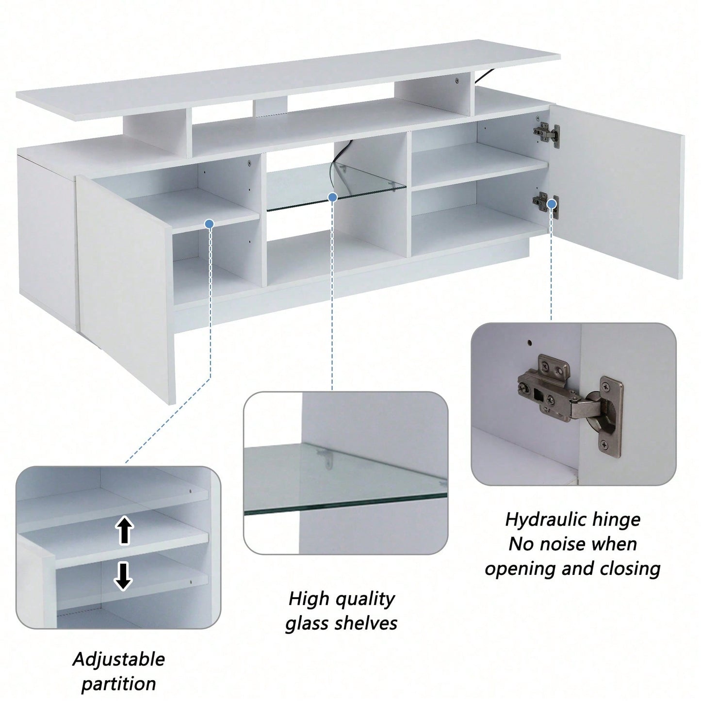 Moderner weißer TV-Schrank mit 16-farbiger LED-Beleuchtung, 1,4 m lang - Stilvoller Aufbewahrungsschrank für 60-Zoll-TV, 16-farbige Lichtleiste, hochglänzende Türblätter mit Glasfächern