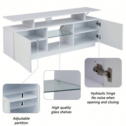 Moderner weißer TV-Schrank mit 16-farbiger LED-Beleuchtung, 1,4 m lang - Stilvoller Aufbewahrungsschrank für 60-Zoll-TV, 16-farbige Lichtleiste, hochglänzende Türblätter mit Glasfächern