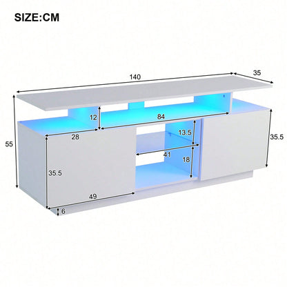 Moderner weißer TV-Schrank mit 16-farbiger LED-Beleuchtung, 1,4 m lang - Stilvoller Aufbewahrungsschrank für 60-Zoll-TV, 16-farbige Lichtleiste, hochglänzende Türblätter mit Glasfächern