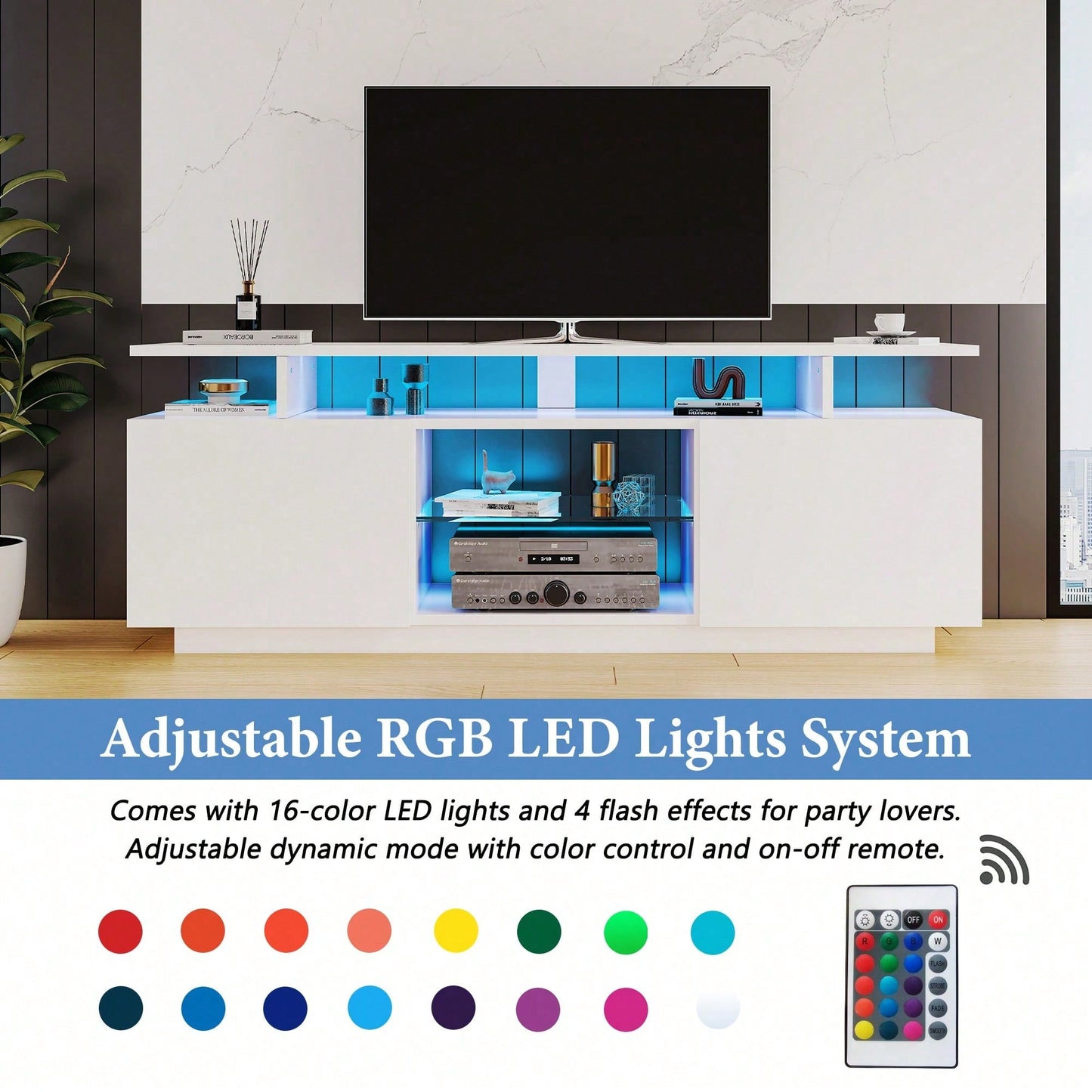 Moderner weißer TV-Schrank mit 16-farbiger LED-Beleuchtung, 1,4 m lang - Stilvoller Aufbewahrungsschrank für 60-Zoll-TV, 16-farbige Lichtleiste, hochglänzende Türblätter mit Glasfächern