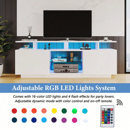 Moderner weißer TV-Schrank mit 16-farbiger LED-Beleuchtung, 1,4 m lang - Stilvoller Aufbewahrungsschrank für 60-Zoll-TV, 16-farbige Lichtleiste, hochglänzende Türblätter mit Glasfächern