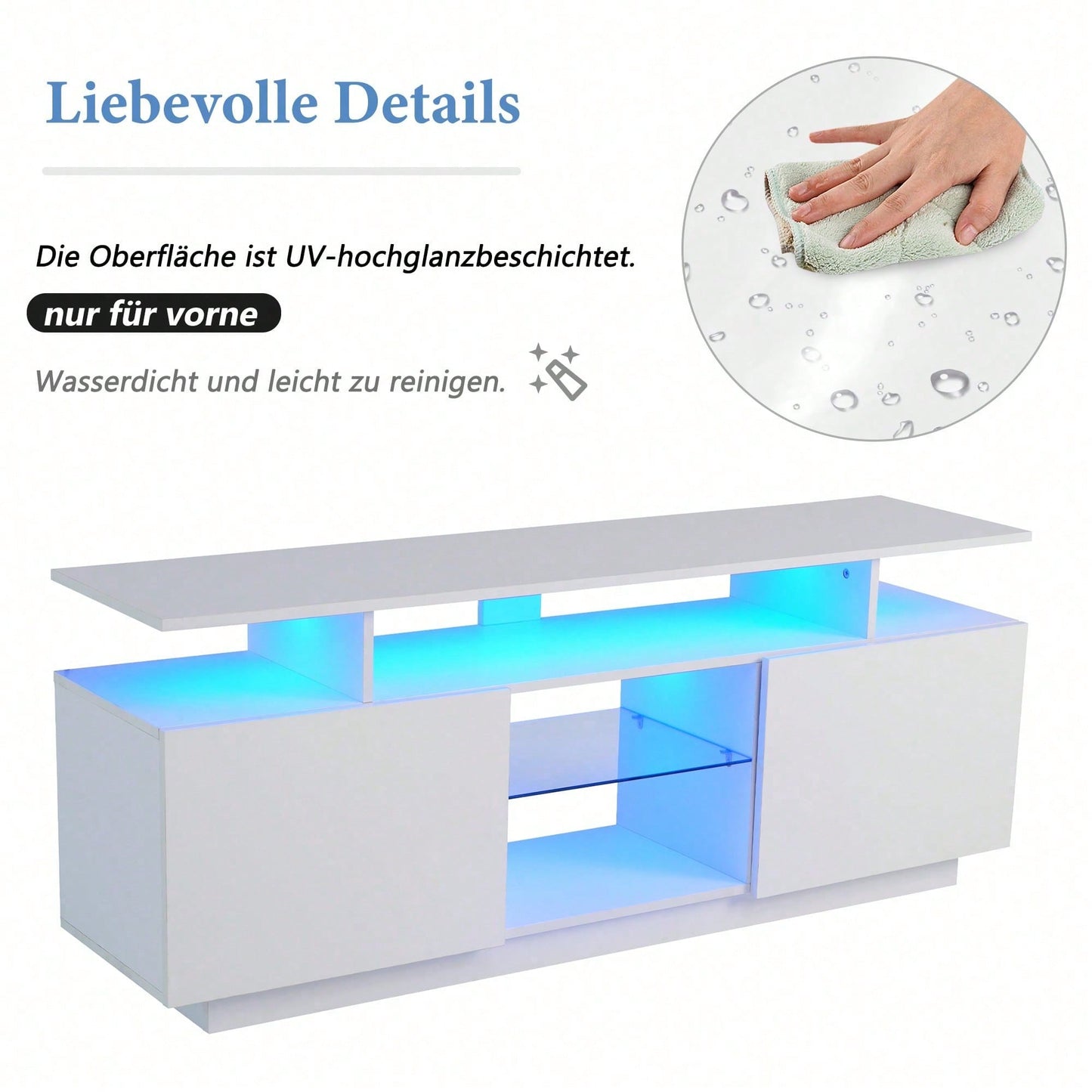 Moderner weißer TV-Schrank mit 16-farbiger LED-Beleuchtung, 1,4 m lang - Stilvoller Aufbewahrungsschrank für 60-Zoll-TV, 16-farbige Lichtleiste, hochglänzende Türblätter mit Glasfächern