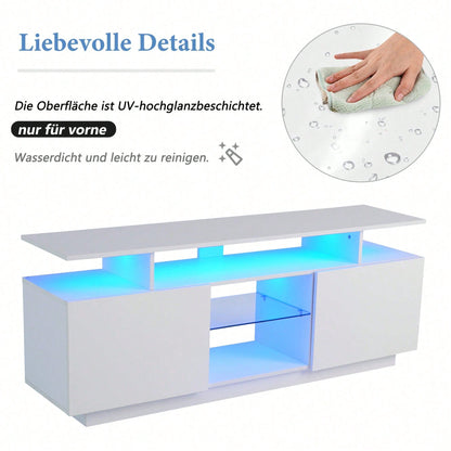 Moderner weißer TV-Schrank mit 16-farbiger LED-Beleuchtung, 1,4 m lang - Stilvoller Aufbewahrungsschrank für 60-Zoll-TV, 16-farbige Lichtleiste, hochglänzende Türblätter mit Glasfächern
