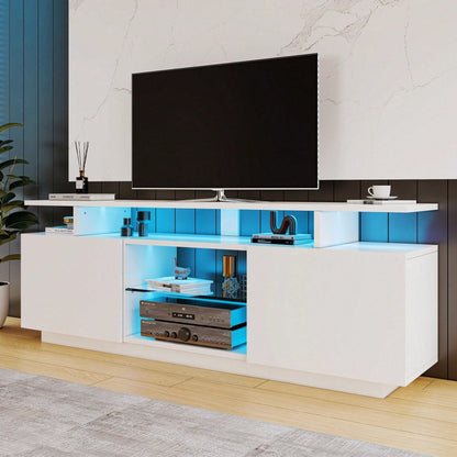 Moderner weißer TV-Schrank mit 16-farbiger LED-Beleuchtung, 1,4 m lang - Stilvoller Aufbewahrungsschrank für 60-Zoll-TV, 16-farbige Lichtleiste, hochglänzende Türblätter mit Glasfächern