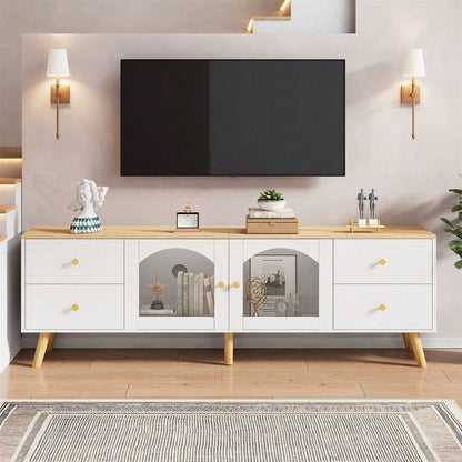 TV-Schrank mit Stauraum, Dekoschrank mit 2 Seitentüren Hartglas, TV-Entertainment Dekotisch mit geschwungenem Design, geeignet für Esszimmer, Wohnzimmer, Eingangsbereich, weißes Original-Holzdekor mit