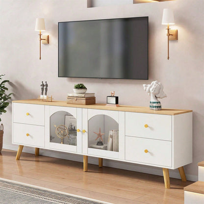 TV-Schrank mit Stauraum, Dekoschrank mit 2 Seitentüren Hartglas, TV-Entertainment Dekotisch mit geschwungenem Design, geeignet für Esszimmer, Wohnzimmer, Eingangsbereich, weißes Original-Holzdekor mit