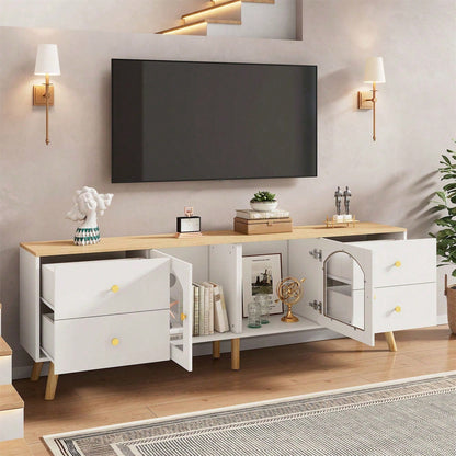 TV-Schrank mit Stauraum, Dekoschrank mit 2 Seitentüren Hartglas, TV-Entertainment Dekotisch mit geschwungenem Design, geeignet für Esszimmer, Wohnzimmer, Eingangsbereich, weißes Original-Holzdekor mit
