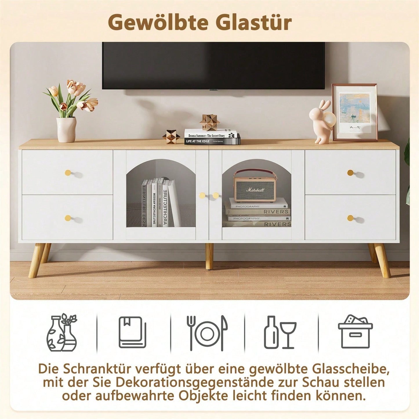 TV-Schrank mit Stauraum, Dekoschrank mit 2 Seitentüren Hartglas, TV-Entertainment Dekotisch mit geschwungenem Design, geeignet für Esszimmer, Wohnzimmer, Eingangsbereich, weißes Original-Holzdekor mit