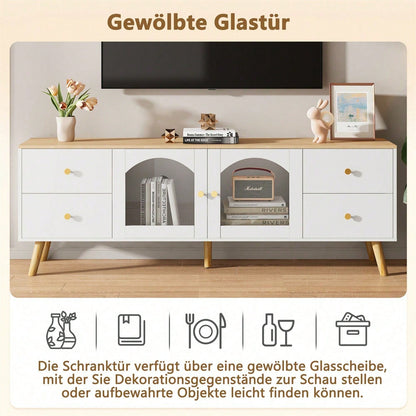 TV-Schrank mit Stauraum, Dekoschrank mit 2 Seitentüren Hartglas, TV-Entertainment Dekotisch mit geschwungenem Design, geeignet für Esszimmer, Wohnzimmer, Eingangsbereich, weißes Original-Holzdekor mit