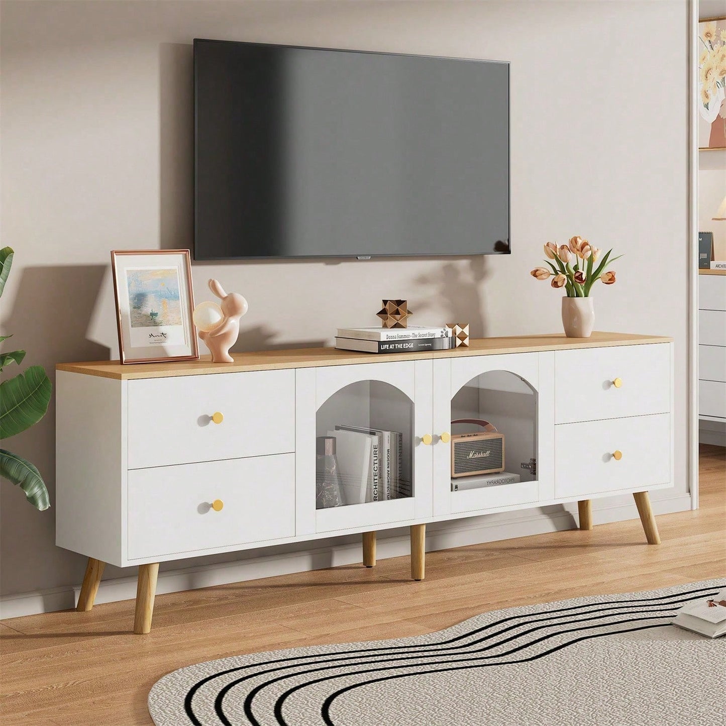TV-Schrank mit Stauraum, Dekoschrank mit 2 Seitentüren Hartglas, TV-Entertainment Dekotisch mit geschwungenem Design, geeignet für Esszimmer, Wohnzimmer, Eingangsbereich, weißes Original-Holzdekor mit