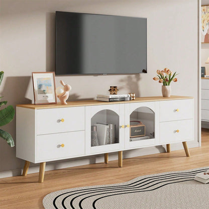 TV-Schrank mit Stauraum, Dekoschrank mit 2 Seitentüren Hartglas, TV-Entertainment Dekotisch mit geschwungenem Design, geeignet für Esszimmer, Wohnzimmer, Eingangsbereich, weißes Original-Holzdekor mit
