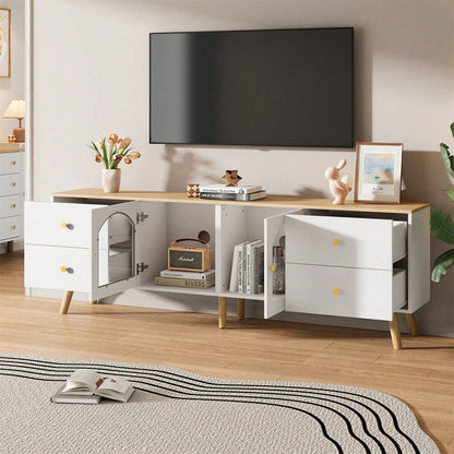 TV-Schrank mit Stauraum, Dekoschrank mit 2 Seitentüren Hartglas, TV-Entertainment Dekotisch mit geschwungenem Design, geeignet für Esszimmer, Wohnzimmer, Eingangsbereich, weißes Original-Holzdekor mit