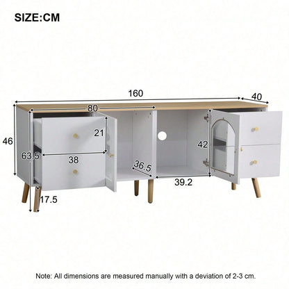TV-Schrank mit Stauraum, Dekoschrank mit 2 Seitentüren Hartglas, TV-Entertainment Dekotisch mit geschwungenem Design, geeignet für Esszimmer, Wohnzimmer, Eingangsbereich, weißes Original-Holzdekor mit