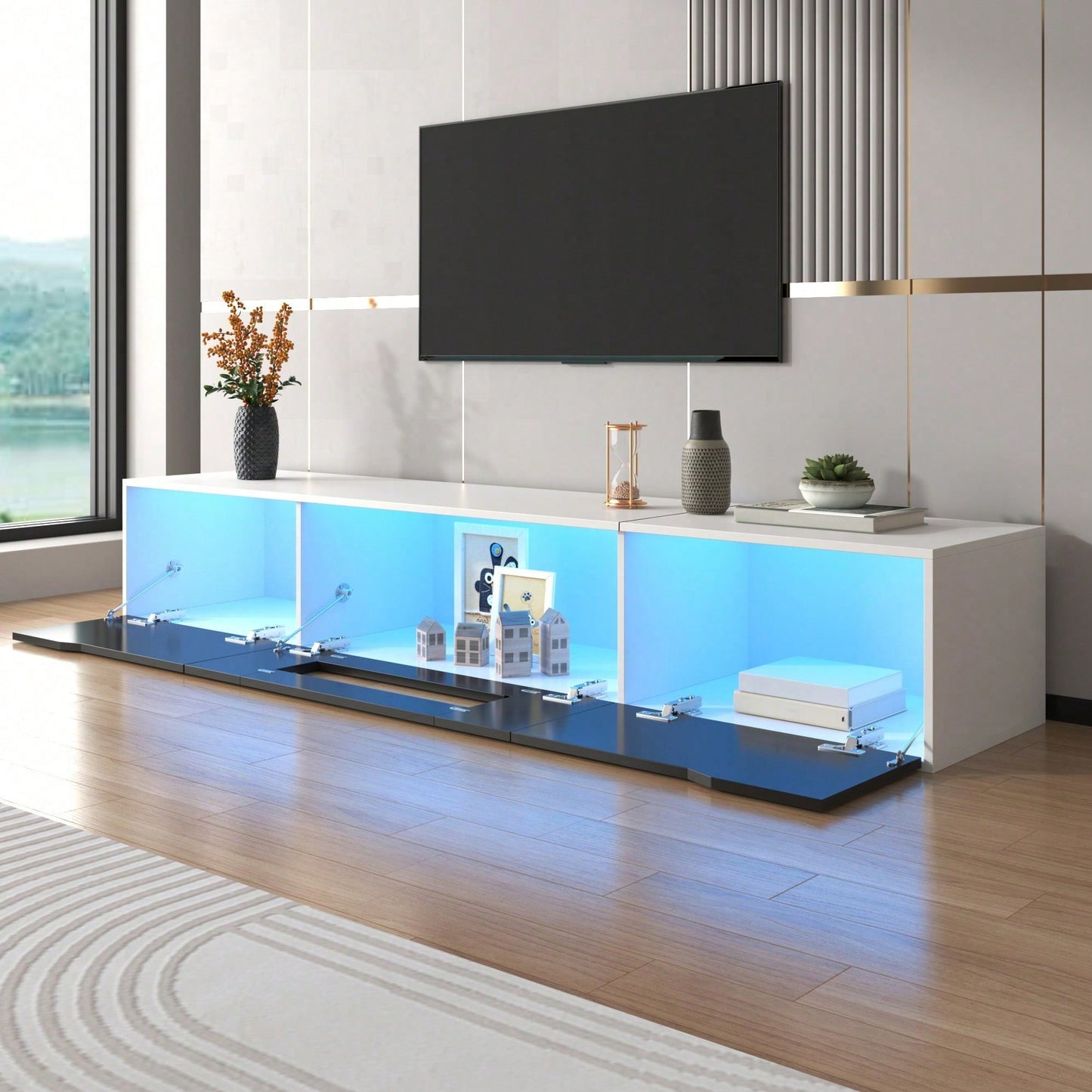 TV-Schrank, Hochglanz-TV-Schrank, farblich passend zu Schwarz und Weiß, mit farbwechselnder LED-Beleuchtung