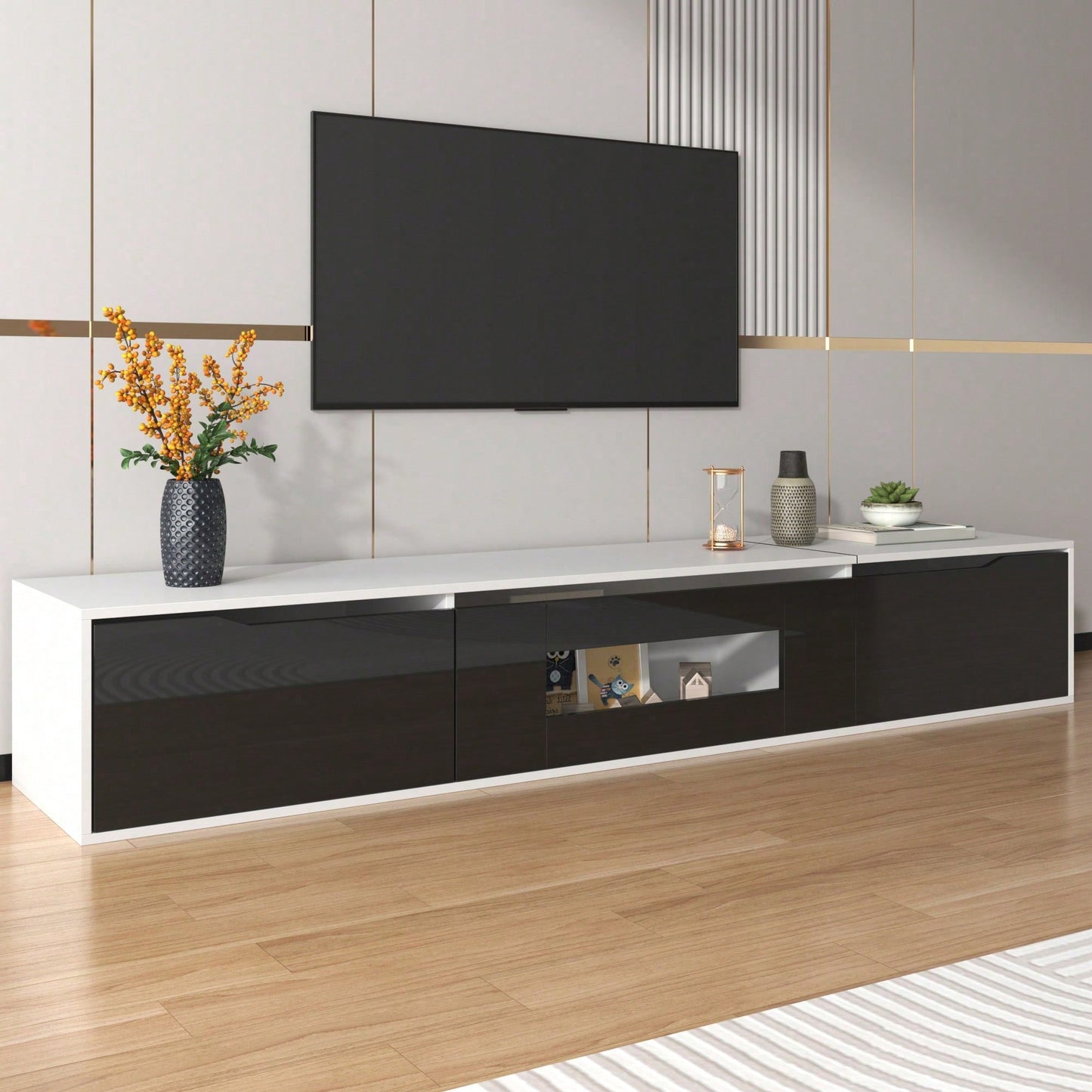 TV-Schrank, Hochglanz-TV-Schrank, farblich passend zu Schwarz und Weiß, mit farbwechselnder LED-Beleuchtung