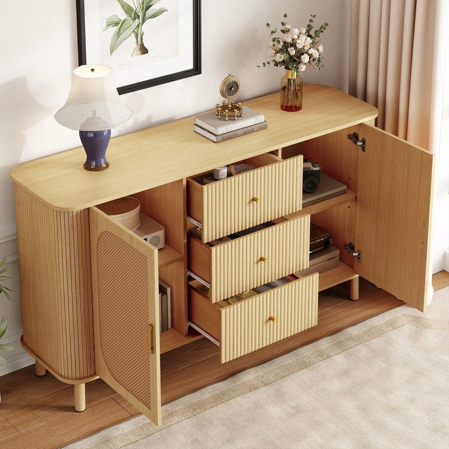 Modernes Sideboard mit Schubladen & Regalen - Elegantes Wohnzimmermöbel mit Metallbeinen in Holzoptik - Vielseitiges Stauraum-Wunder - Absolutes Must-have