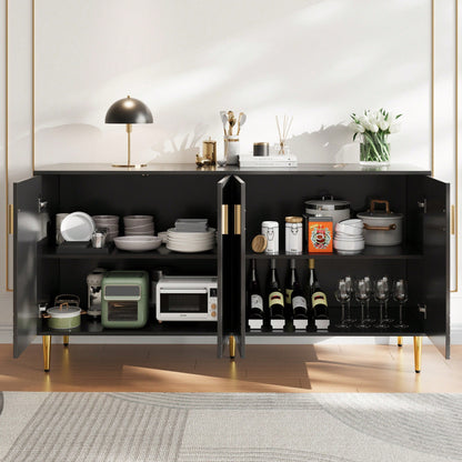 Elegantes Sideboard 152x40x75 cm in Schwarz – Mit exklusivem Wellendesign & goldenen Griffen/Füßen – Hochwertiger Esszimmerschrank (Modell: N620P17539192AAS)