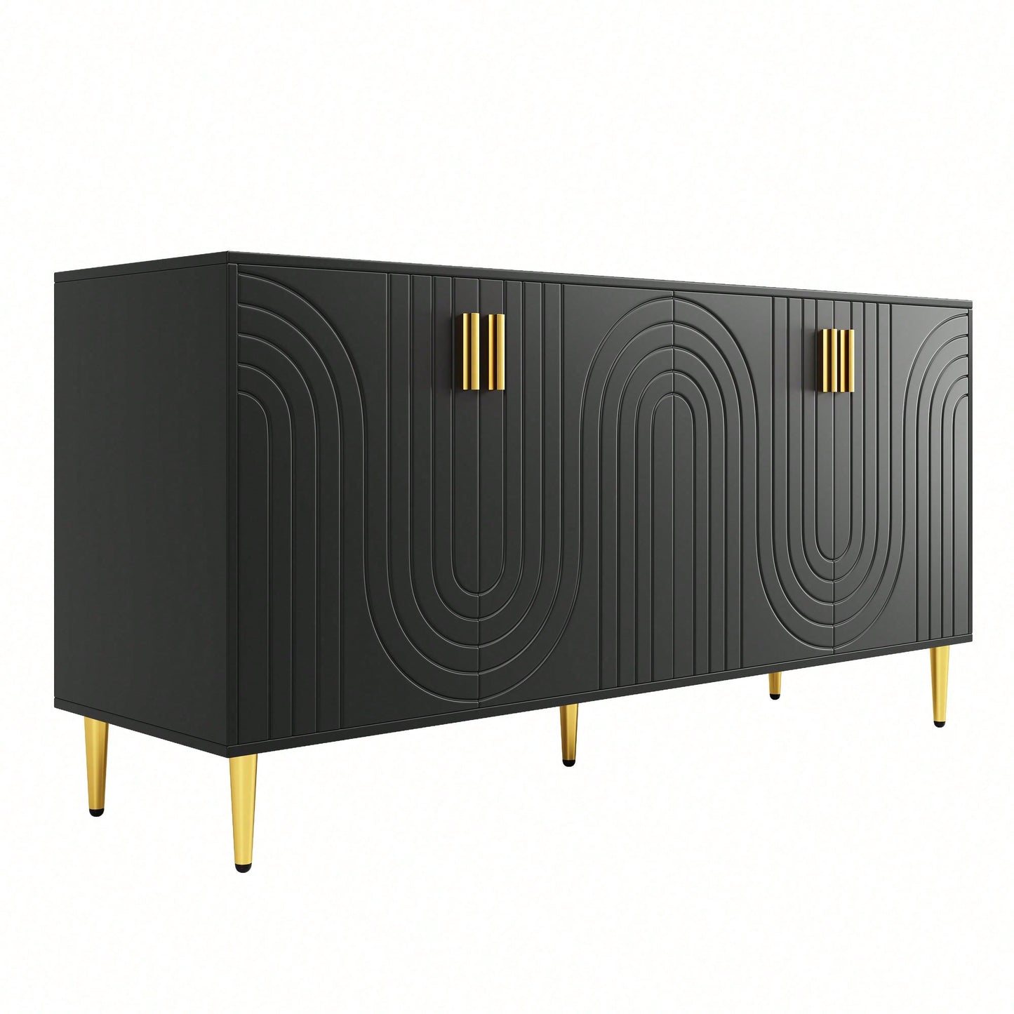 Elegantes Sideboard 152x40x75 cm in Schwarz – Mit exklusivem Wellendesign & goldenen Griffen/Füßen – Hochwertiger Esszimmerschrank (Modell: N620P17539192AAS)