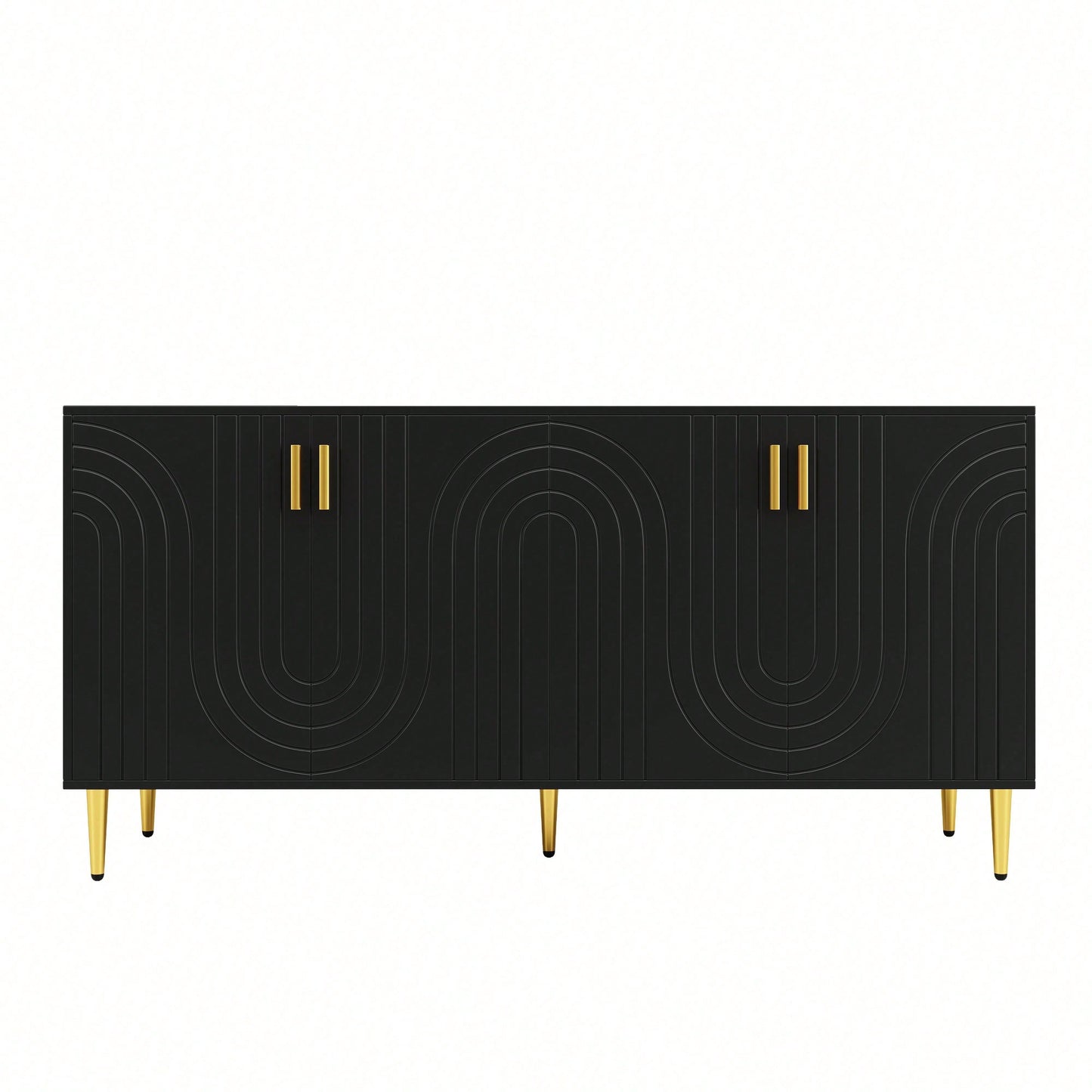 Elegantes Sideboard 152x40x75 cm in Schwarz – Mit exklusivem Wellendesign & goldenen Griffen/Füßen – Hochwertiger Esszimmerschrank (Modell: N620P17539192AAS)