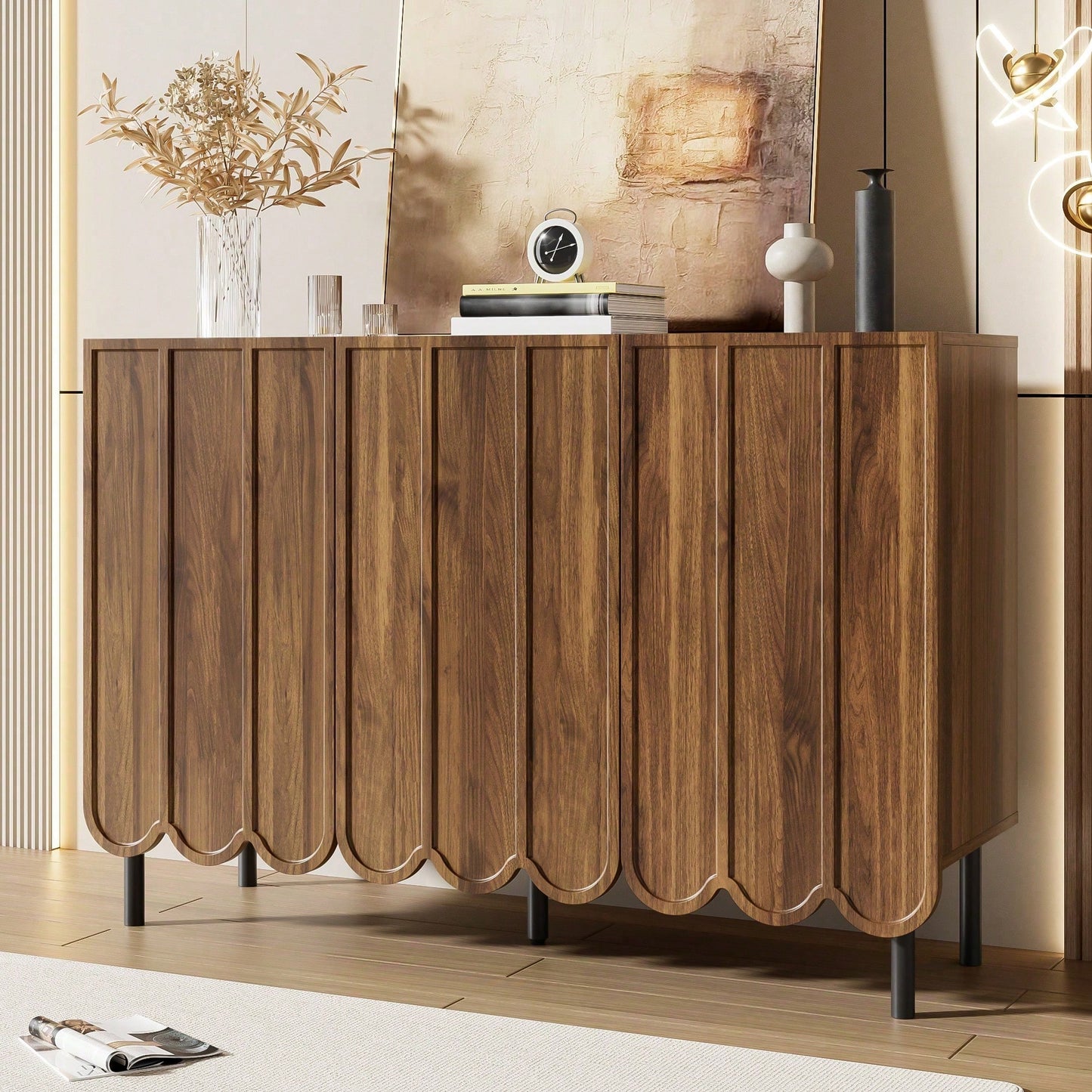 Weißes Sideboard modern mit Wellentüren – 120x35x80 cm – Grifflos, verstellbare Regale & großer Stauraum – Für Wohnzimmer, Flur, Esszimmer