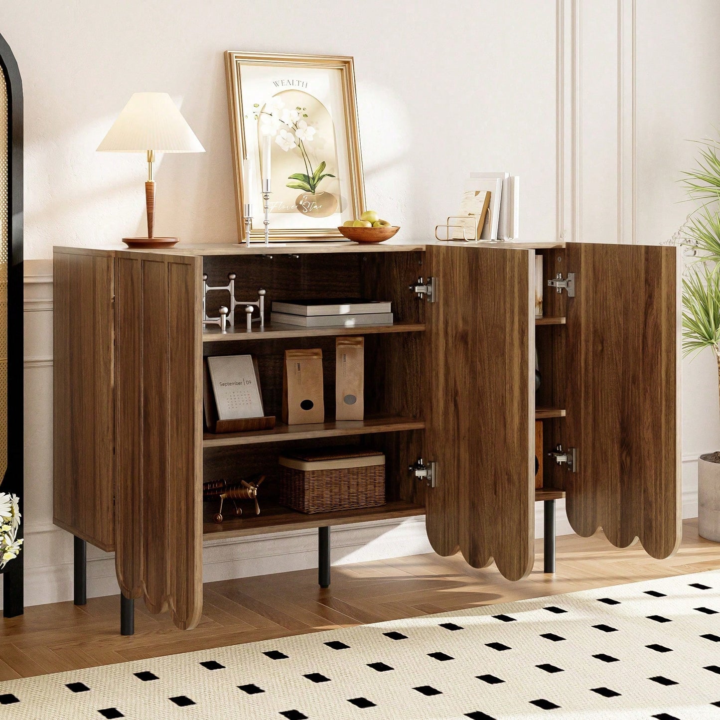 Weißes Sideboard modern mit Wellentüren – 120x35x80 cm – Grifflos, verstellbare Regale & großer Stauraum – Für Wohnzimmer, Flur, Esszimmer