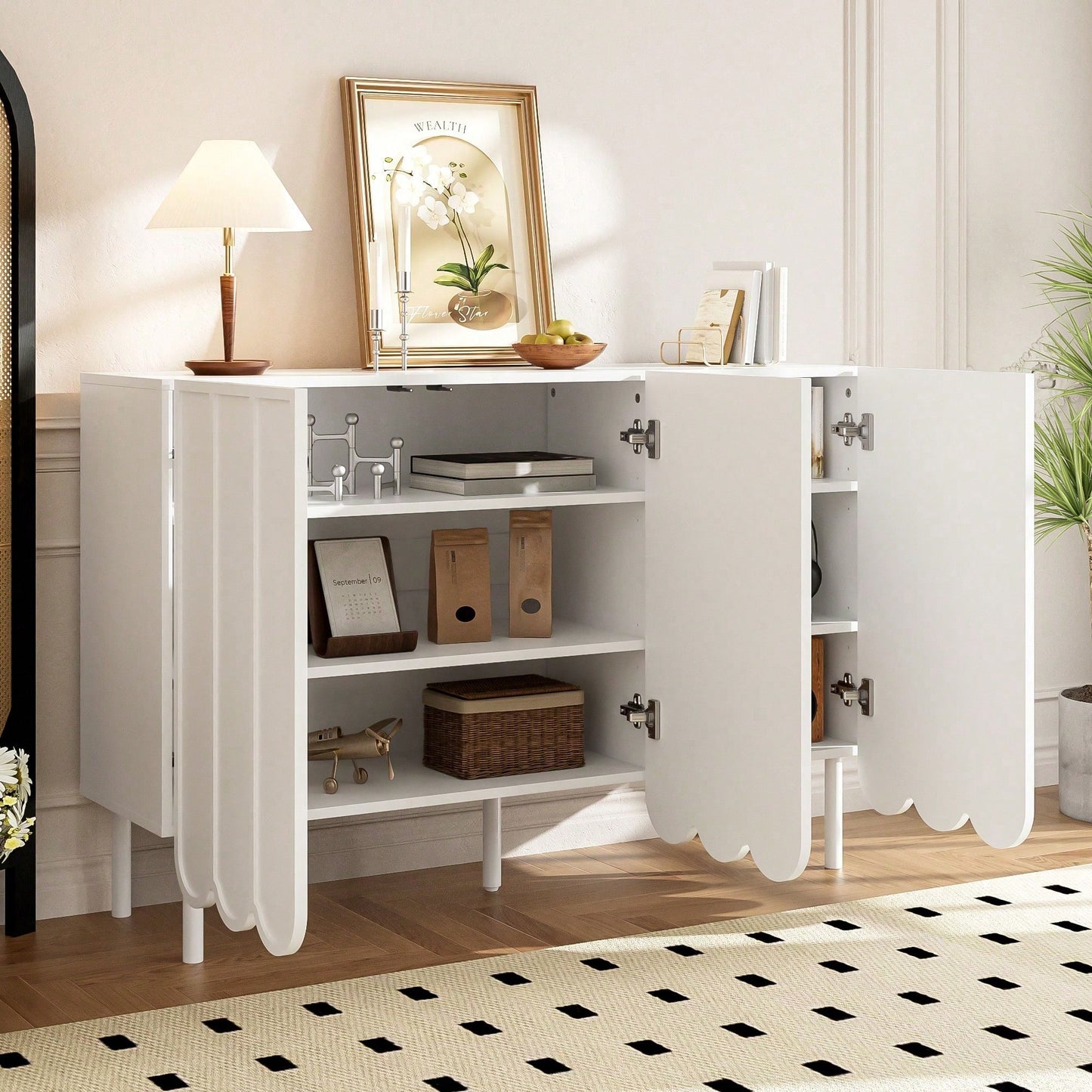 Weißes Sideboard modern mit Wellentüren – 120x35x80 cm – Grifflos, verstellbare Regale & großer Stauraum – Für Wohnzimmer, Flur, Esszimmer
