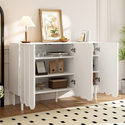 Weißes Sideboard modern mit Wellentüren – 120x35x80 cm – Grifflos, verstellbare Regale & großer Stauraum – Für Wohnzimmer, Flur, Esszimmer