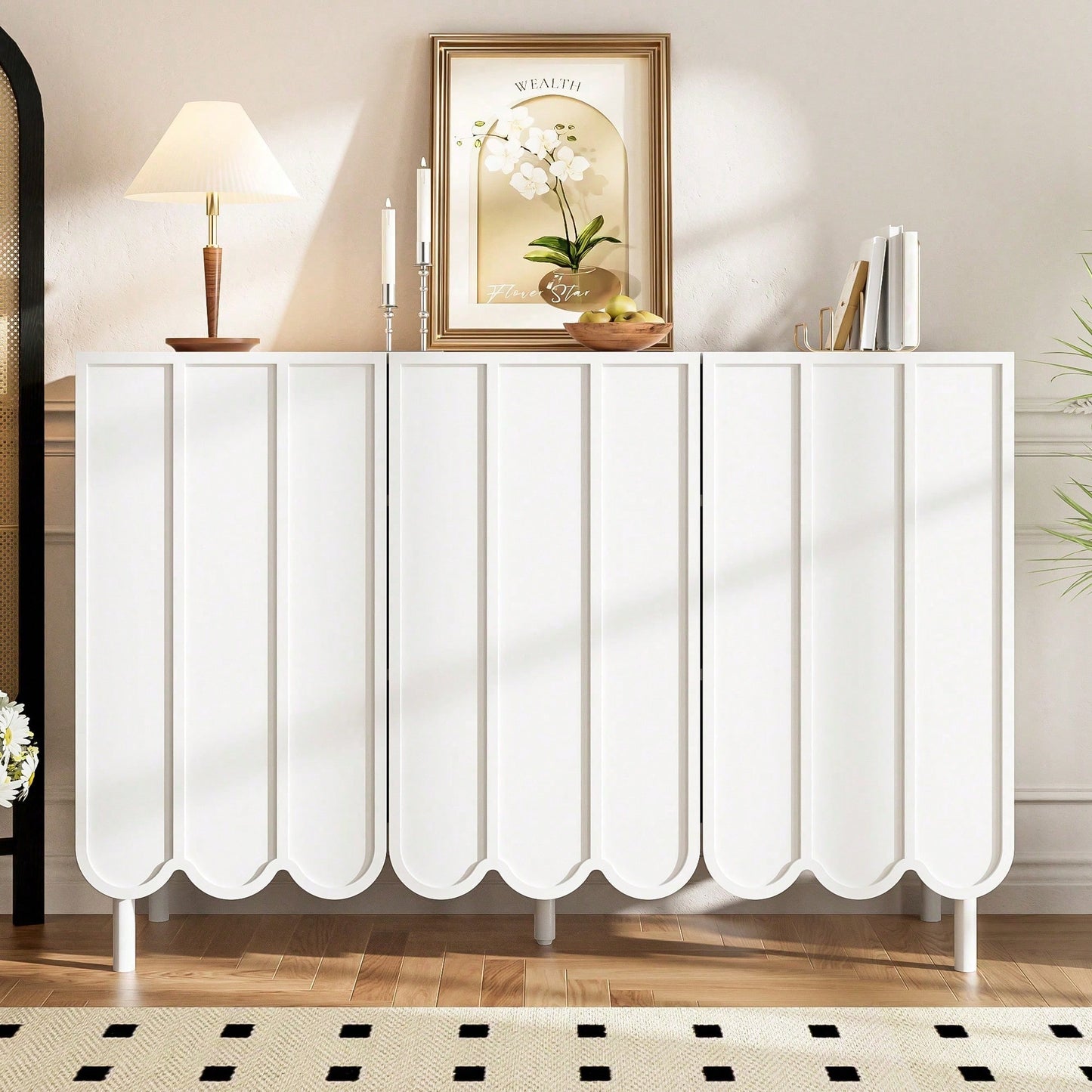 Weißes Sideboard modern mit Wellentüren – 120x35x80 cm – Grifflos, verstellbare Regale & großer Stauraum – Für Wohnzimmer, Flur, Esszimmer