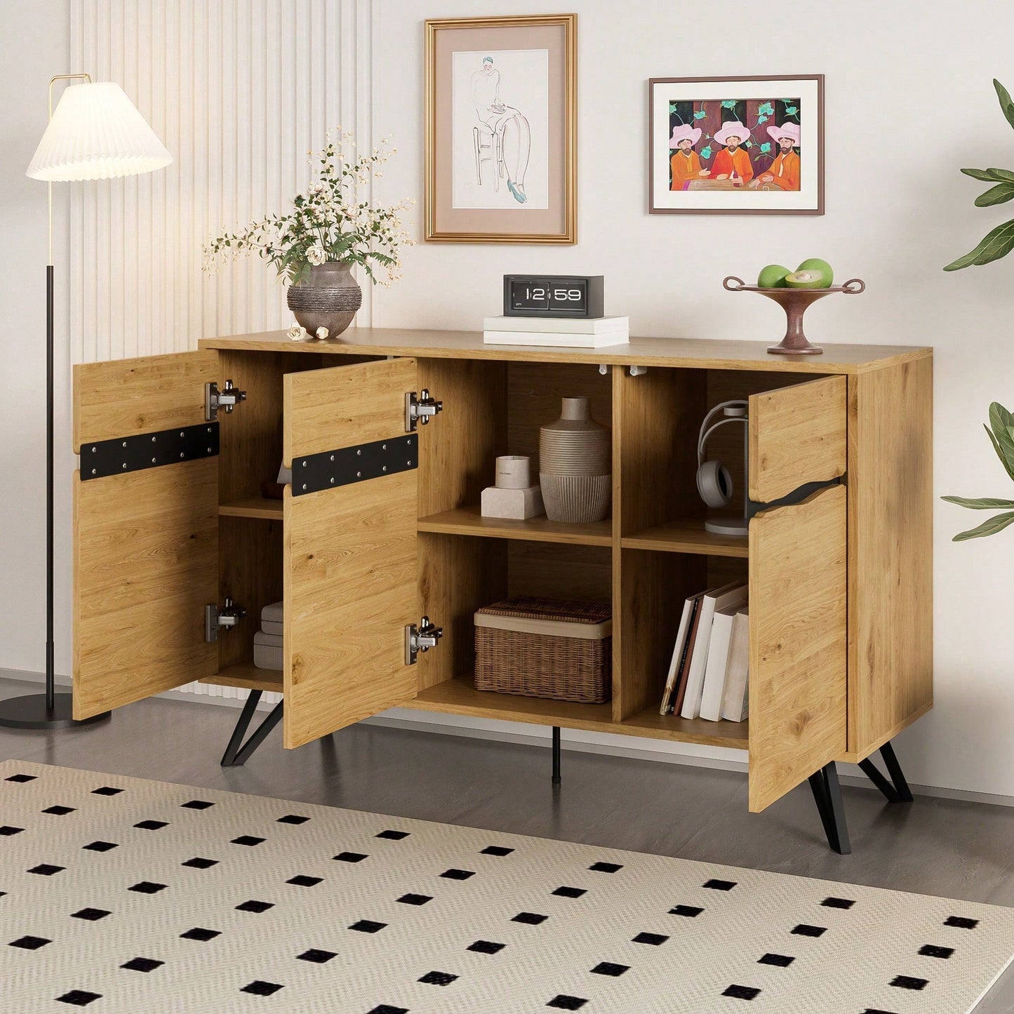 Modernes 3-türiges Sideboard in Holzoptik - Mit Metallbeinen & großzügigem Stauraum - Für Wohnzimmer, Esszimmer & Flur