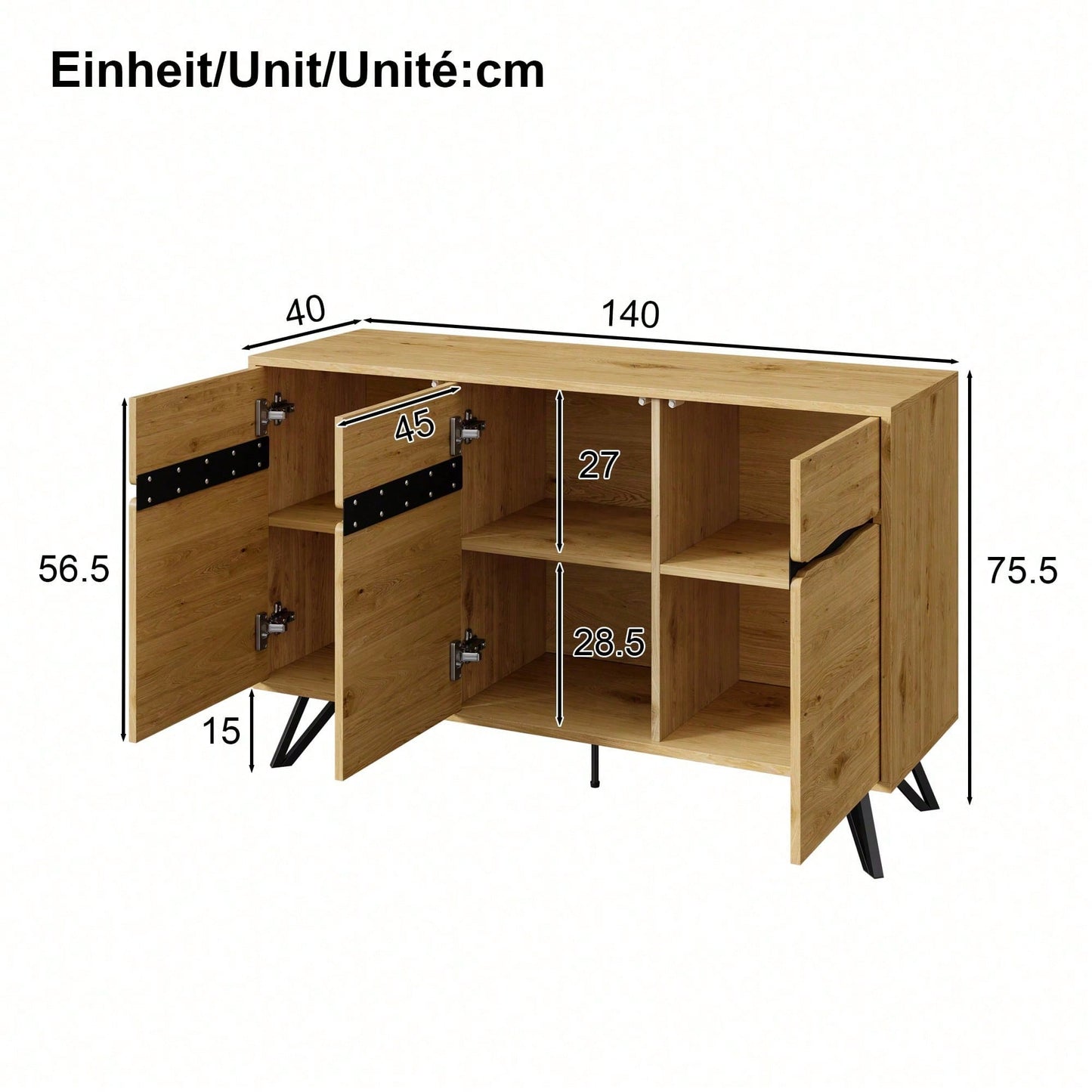Modernes 3-türiges Sideboard in Holzoptik - Mit Metallbeinen & großzügigem Stauraum - Für Wohnzimmer, Esszimmer & Flur