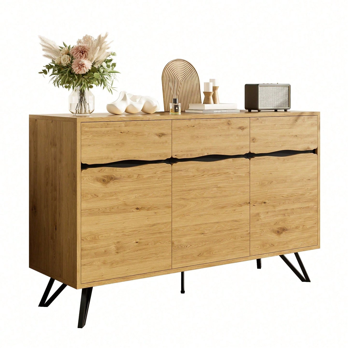 Modernes 3-türiges Sideboard in Holzoptik - Mit Metallbeinen & großzügigem Stauraum - Für Wohnzimmer, Esszimmer & Flur