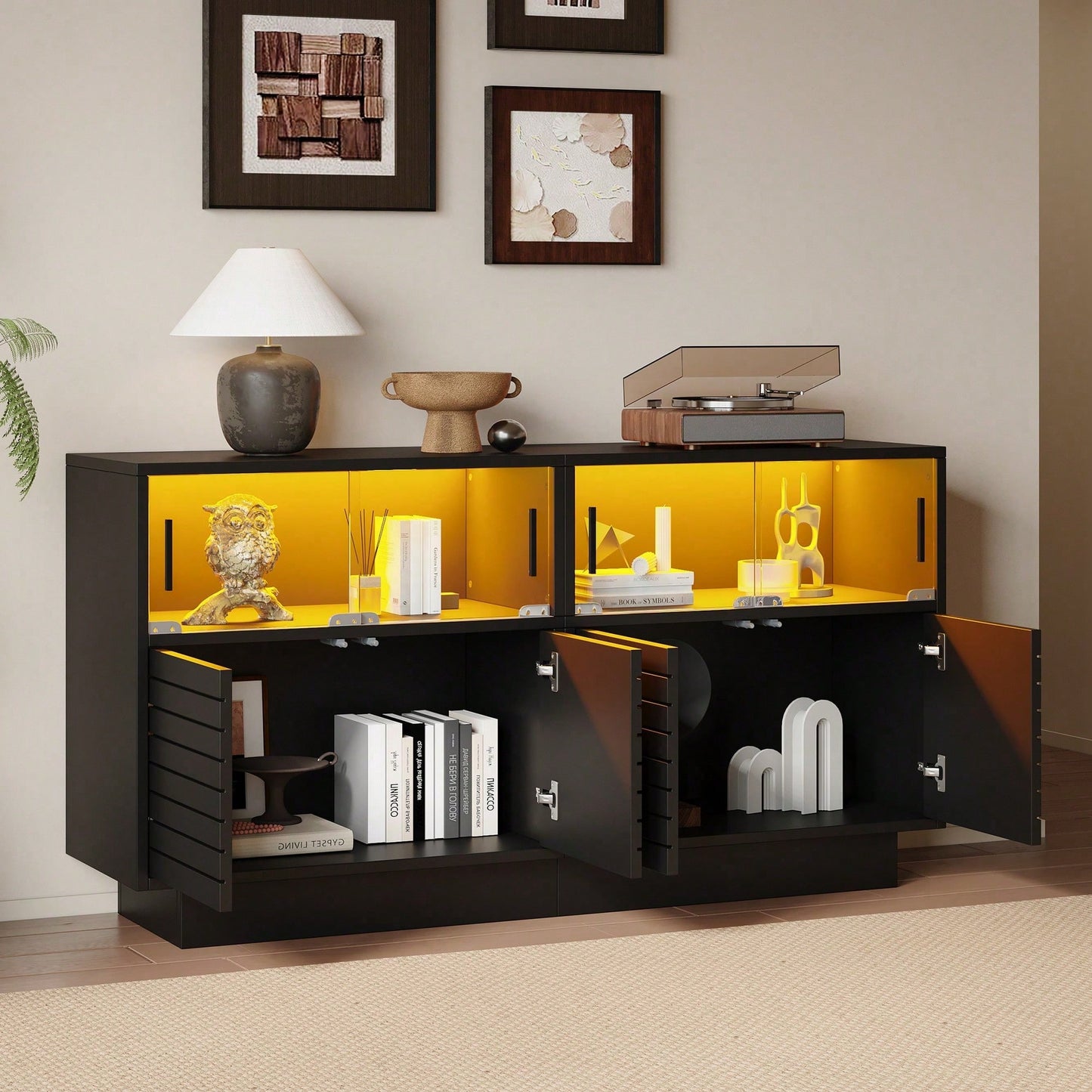 Sideboard 130x35x68 cm – Moderner Wohnraumschrank mit 2 Kabinetten, 4 Fächern & Glastüren – Hochwertiges Highboard mit LED-Beleuchtung und großzügigem Stauraum (Beistellschrank für Wohnzimmer)