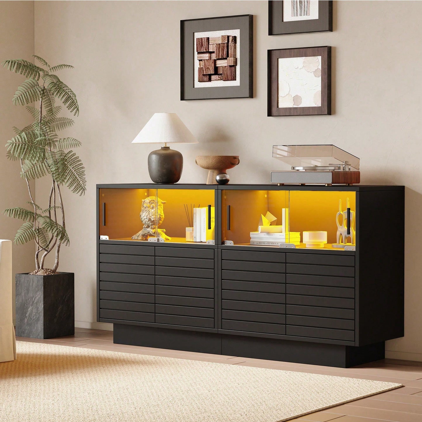 Sideboard 130x35x68 cm – Moderner Wohnraumschrank mit 2 Kabinetten, 4 Fächern & Glastüren – Hochwertiges Highboard mit LED-Beleuchtung und großzügigem Stauraum (Beistellschrank für Wohnzimmer)