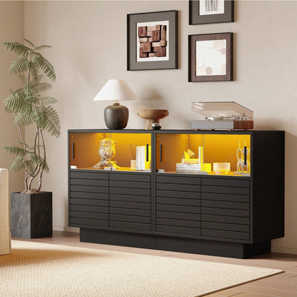 Sideboard 130x35x68 cm – Moderner Wohnraumschrank mit 2 Kabinetten, 4 Fächern & Glastüren – Hochwertiges Highboard mit LED-Beleuchtung und großzügigem Stauraum (Beistellschrank für Wohnzimmer)