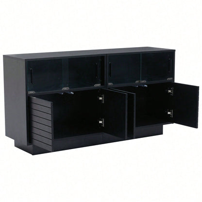 Sideboard 130x35x68 cm – Moderner Wohnraumschrank mit 2 Kabinetten, 4 Fächern & Glastüren – Hochwertiges Highboard mit LED-Beleuchtung und großzügigem Stauraum (Beistellschrank für Wohnzimmer)