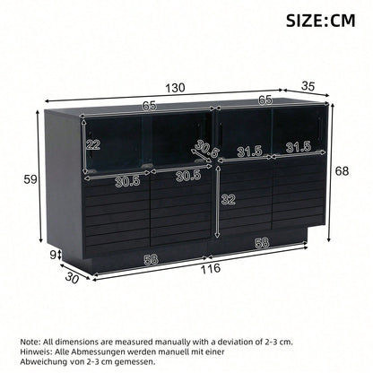 Sideboard 130x35x68 cm – Moderner Wohnraumschrank mit 2 Kabinetten, 4 Fächern & Glastüren – Hochwertiges Highboard mit LED-Beleuchtung und großzügigem Stauraum (Beistellschrank für Wohnzimmer)