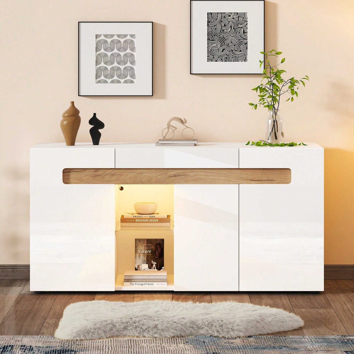 Modernes 3-türiges Sideboard 140x40x70 cm mit LED-Beleuchtung & App-Steuerung – Hochglanz-Wohnzimmerschrank in Weiß, Glasboden & Stauraum