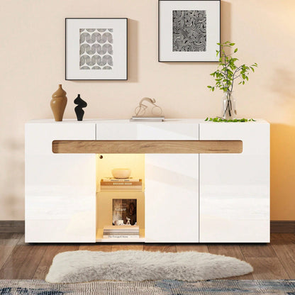 Modernes 3-türiges Sideboard 140x40x70 cm mit LED-Beleuchtung & App-Steuerung – Hochglanz-Wohnzimmerschrank in Weiß, Glasboden & Stauraum