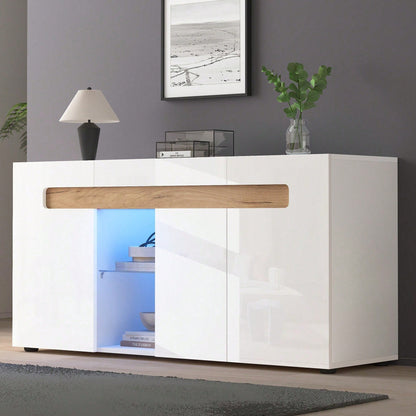 Modernes 3-türiges Sideboard 140x40x70 cm mit LED-Beleuchtung & App-Steuerung – Hochglanz-Wohnzimmerschrank in Weiß, Glasboden & Stauraum