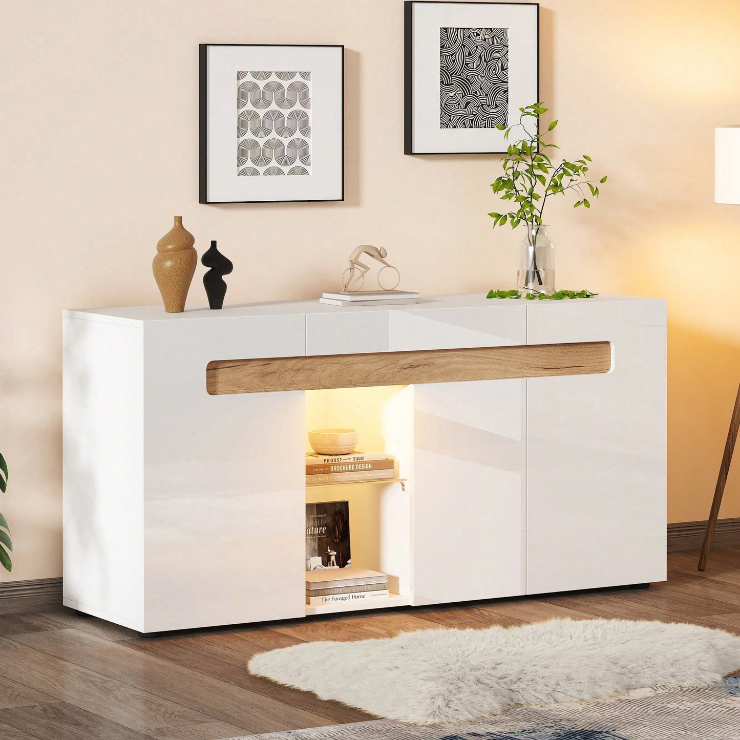 Modernes 3-türiges Sideboard 140x40x70 cm mit LED-Beleuchtung & App-Steuerung – Hochglanz-Wohnzimmerschrank in Weiß, Glasboden & Stauraum