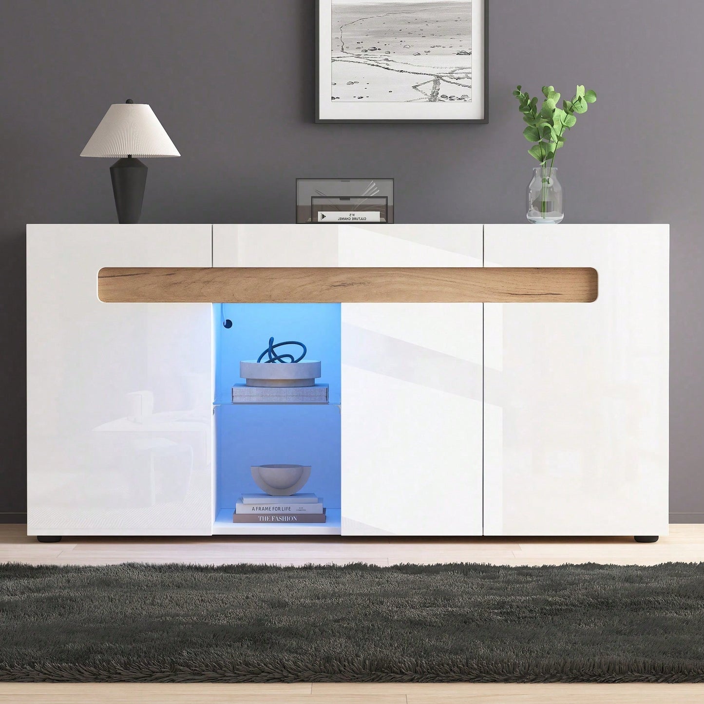 Modernes 3-türiges Sideboard 140x40x70 cm mit LED-Beleuchtung & App-Steuerung – Hochglanz-Wohnzimmerschrank in Weiß, Glasboden & Stauraum