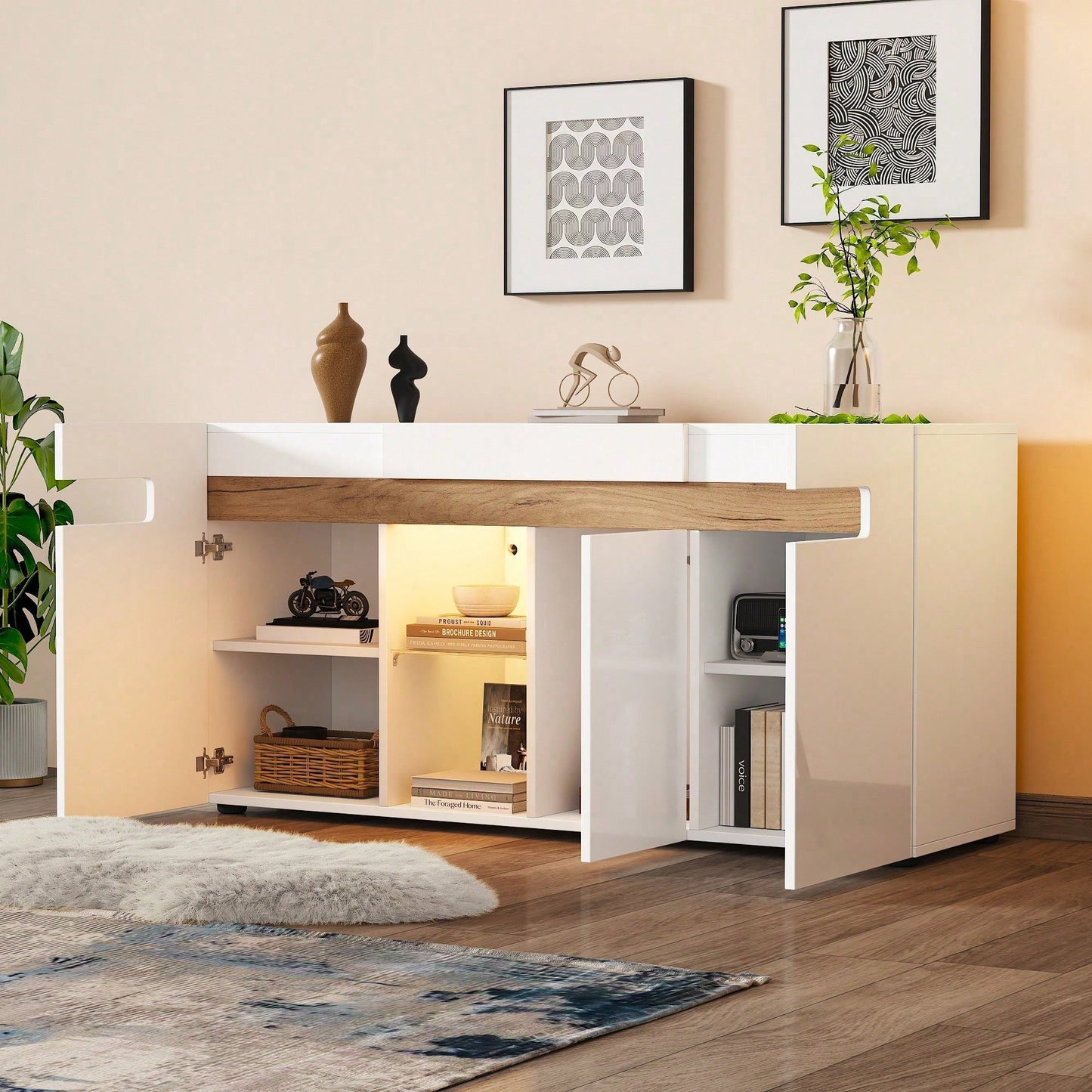 Modernes 3-türiges Sideboard 140x40x70 cm mit LED-Beleuchtung & App-Steuerung – Hochglanz-Wohnzimmerschrank in Weiß, Glasboden & Stauraum