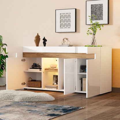 Modernes 3-türiges Sideboard 140x40x70 cm mit LED-Beleuchtung & App-Steuerung – Hochglanz-Wohnzimmerschrank in Weiß, Glasboden & Stauraum