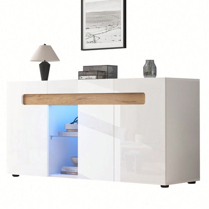 Modernes 3-türiges Sideboard 140x40x70 cm mit LED-Beleuchtung & App-Steuerung – Hochglanz-Wohnzimmerschrank in Weiß, Glasboden & Stauraum