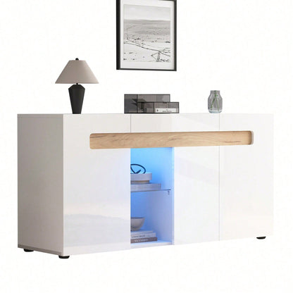 Modernes 3-türiges Sideboard 140x40x70 cm mit LED-Beleuchtung & App-Steuerung – Hochglanz-Wohnzimmerschrank in Weiß, Glasboden & Stauraum
